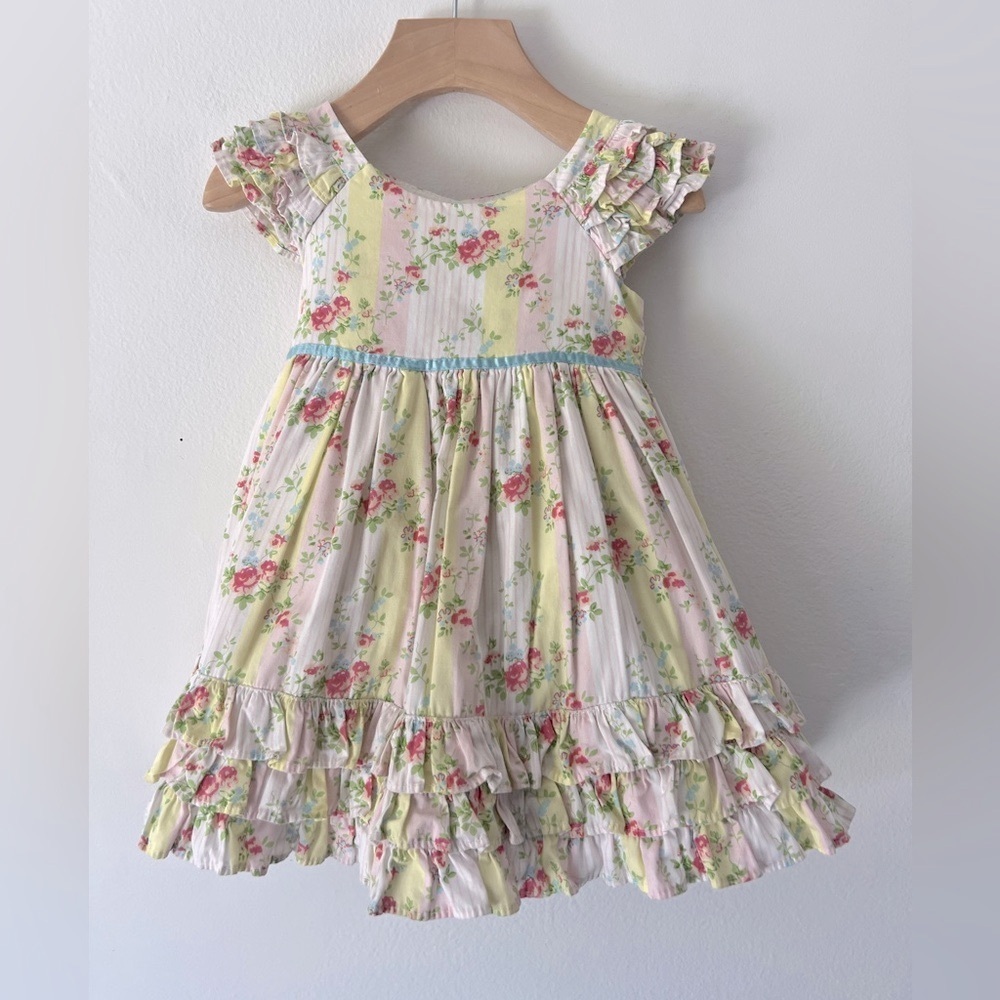 Laura Ashley Floral Stripe Tiered Ruffle Hem Toddler Dress Size 18 Months